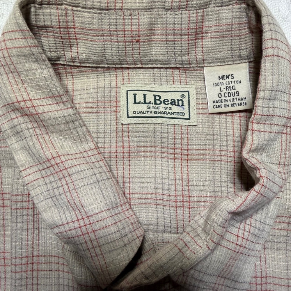 LL Bean Mens‎ Large Short Sleeve Plaid Button Down Shirt Tan Cotton Outdoors - Picture 2 of 5